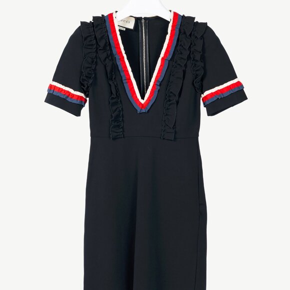 Gucci Black Sylvie-Web Ruffle-Detail Short Dress - Picture 2 of 13